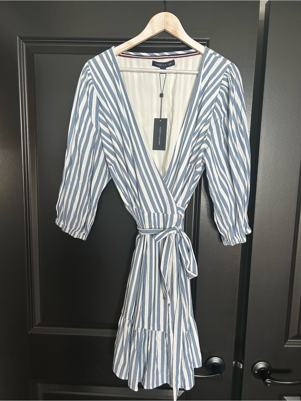 TOMMY HILFIGER Blue Tie Lined Striped 3/4 Sleeve Surplice Neckline Wrap Dress XL
